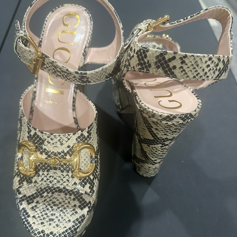 Gucci Black and Gold Platform Shoes with Ankle Strap